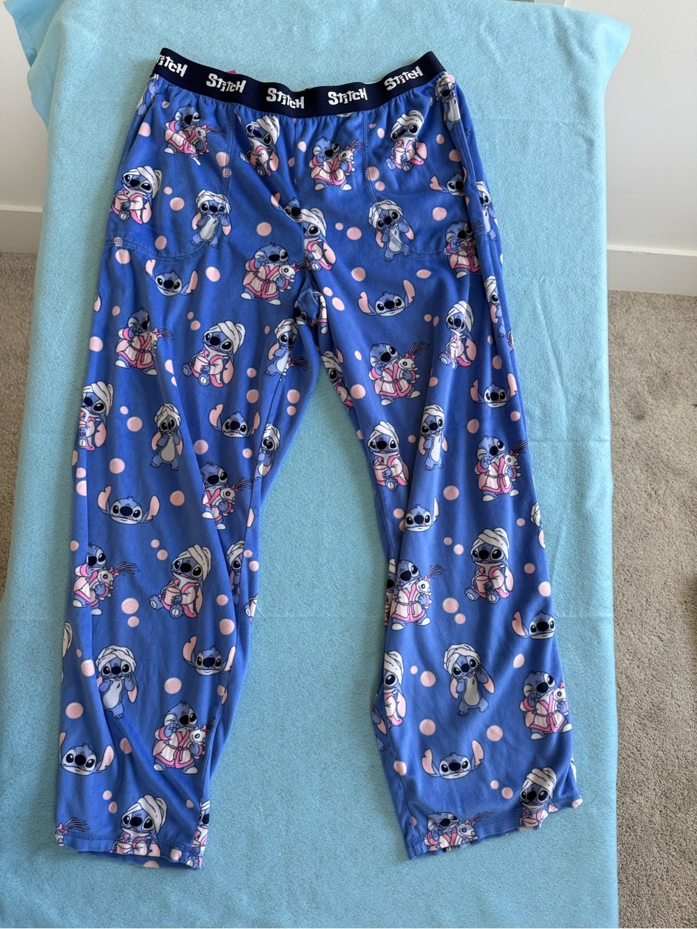 Disney Blue Stitch Pajama Pants with Pink Dot Accents - Picture 1 of 3